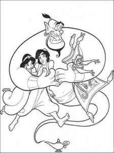 Genie hugs Aladdin, Jasmine and Abu coloring page