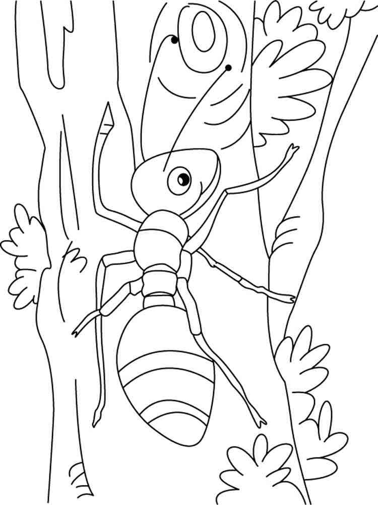 Ant crawls on a tree coloring page