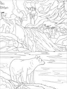 Black Bear on the background of a waterfall coloring page