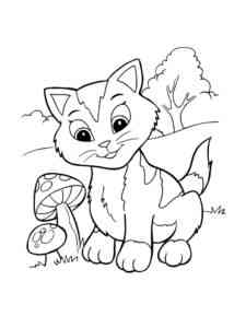 Cat and mushrooms coloring page