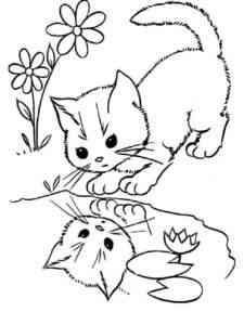 Cat looks at the reflection coloring page