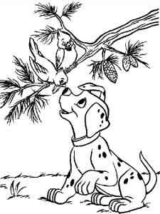Dalmatian plays with a bird coloring page