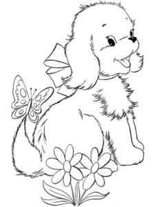 Dog with butterfly and flowers coloring page