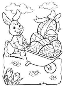 Easter Bunny carries eggs in a cart coloring page