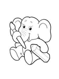 Elephant with Brush and Pencil coloring page