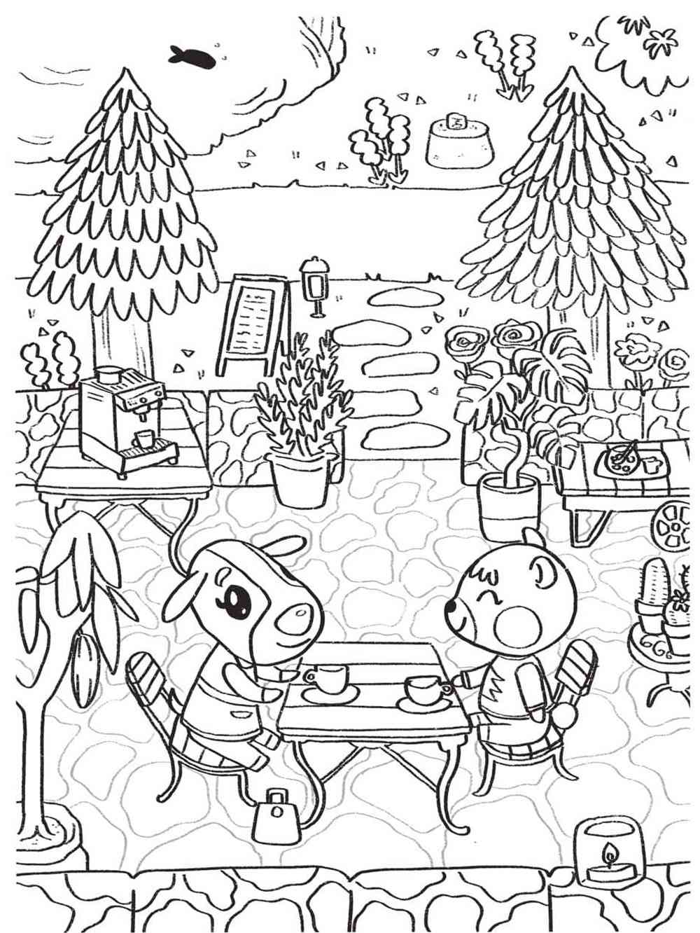 Animal Crossing sitting in a cafe coloring page