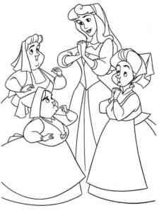 Aurora with her maids coloring page