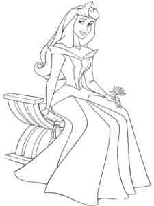 Aurora sits with a rose coloring page