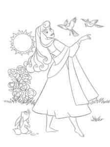 Aurora walks with a bunny and birds coloring page