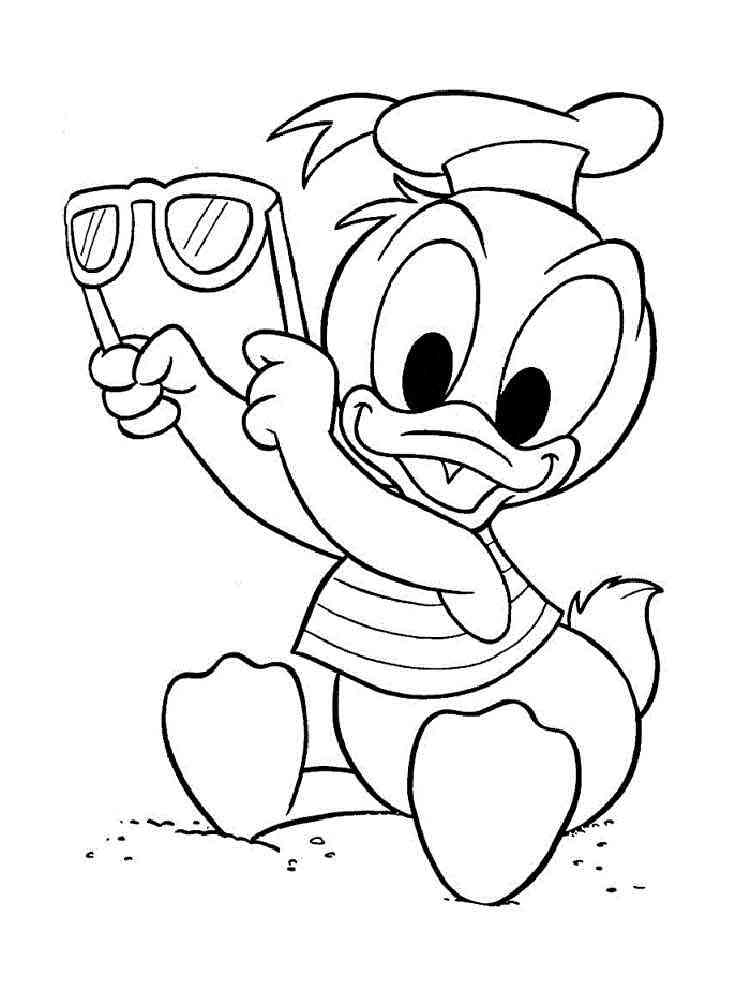 Baby Donald Duck holds glasses coloring page