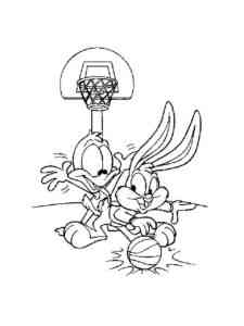Babies Bugs Bunny and Daffy Duck play basketball coloring page