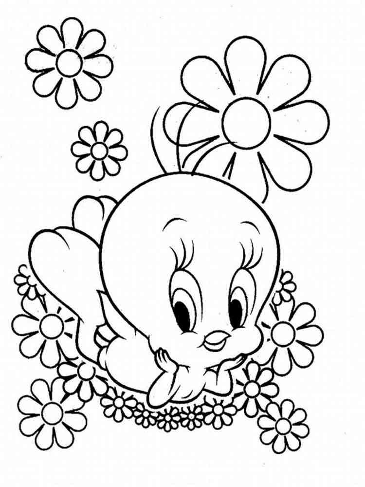 Baby Tweety and flowers coloring page
