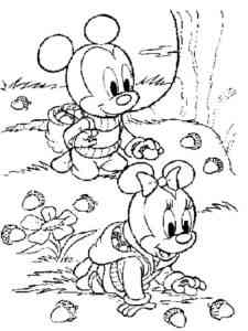 Babies Minnie Mouse and Minnie Mouse collecting nuts coloring page