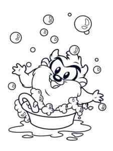 Baby Taz washes in a basin coloring page