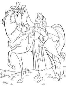 Aurora decorates her horse with a bow coloring page