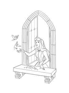 Aurora feeds the birds from the window coloring page