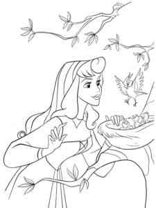 Aurora and nest with baby birds coloring page