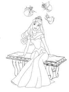 Aurora on a bench surrounded by fairies coloring page