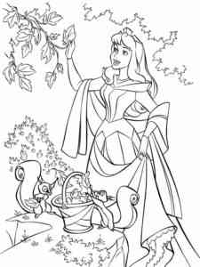 Aurora with squirrels collects leaves coloring page