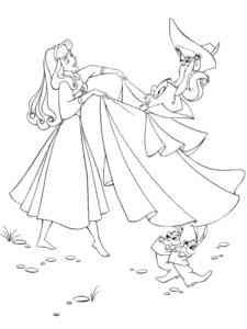 Aurora dances with an owl, squirrel and rabbits coloring page