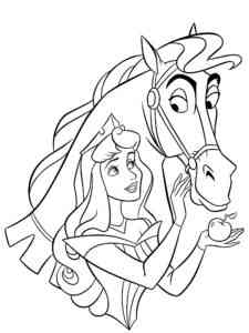 Aurora treats a horse with an apple coloring page