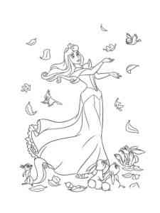 Aurora with animals playing with leaves coloring page