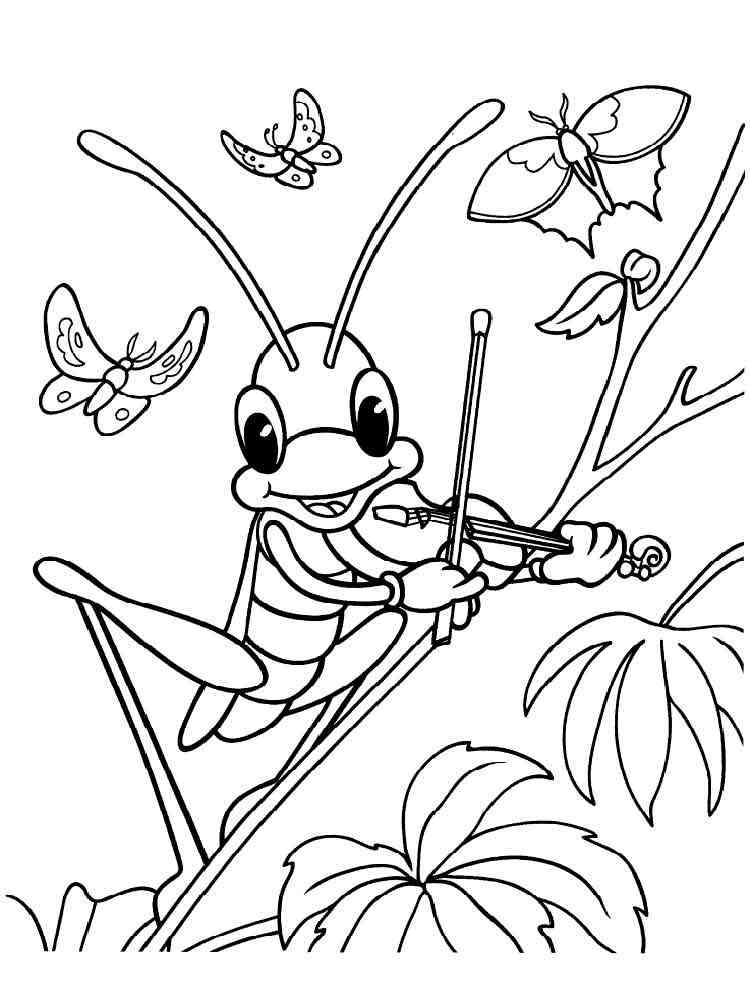 Grasshopper plays violin for butterflies coloring page