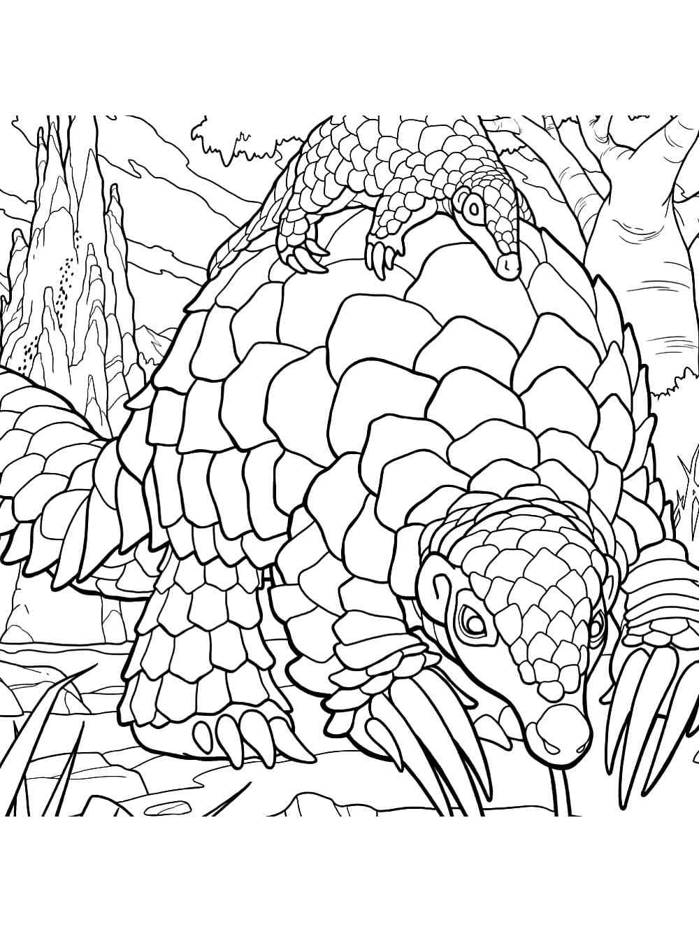 Pangolin with a cub coloring page