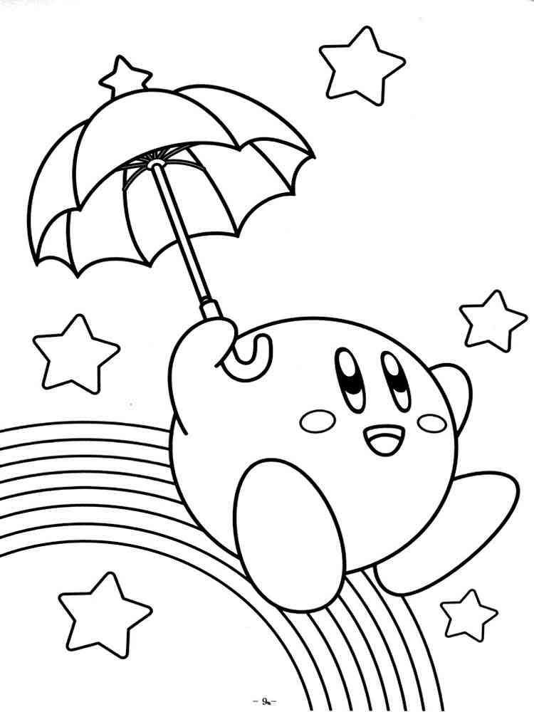 Kirby with an umbrella on a rainbow coloring page