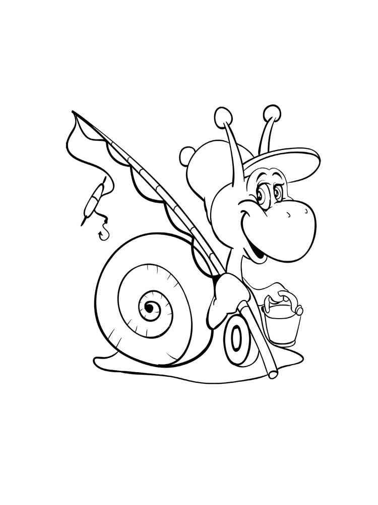 Snail with fishing rod coloring page