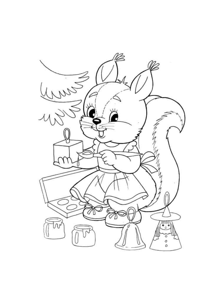 Squirrel and Christmas Tree Toys coloring page