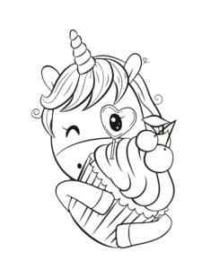 Unicorn holding a cake coloring page