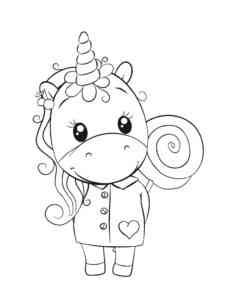 Little Unicorn with Lollipop coloring page