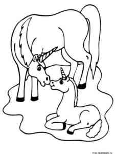 Unicorn with baby coloring page