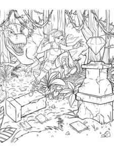 Lara Croft escapes from Dinosaur coloring page