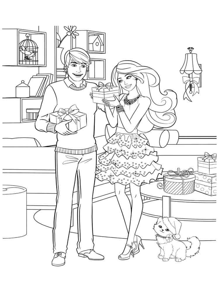 Barbie and Ken open presents coloring page