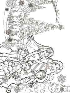 Barbie with her family at the Christmas tree coloring page