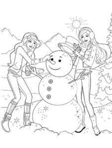 Barbie and her friend sculpting a snowman coloring page