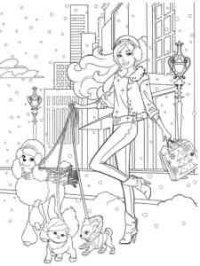Barbie Walking the Dogs in Winter coloring page