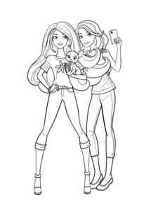 Barbie with girlfriend and pet on a walk coloring page