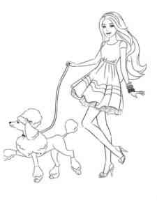 Barbie walking with a poodle coloring page