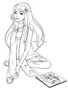 Mysterious Barbie sitting next to her drawing coloring page