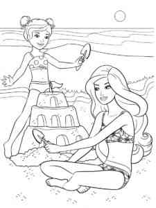 Barbie builds a sand castle with her daughter coloring page