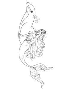 Barbie Mermaid swims with a dolphin coloring page