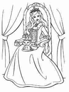 Barbie Princess on the throne with a kitten coloring page