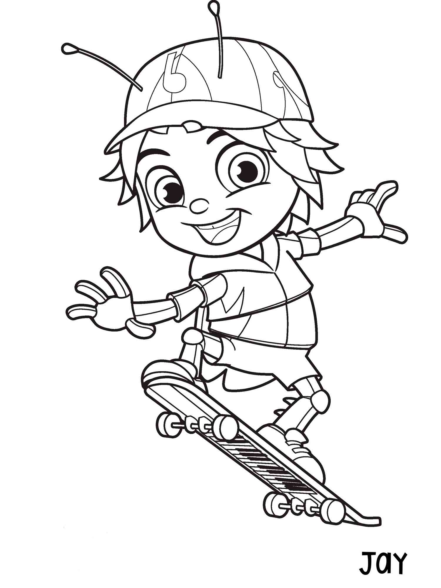 Jay skateboarding from Beat Bugs coloring page