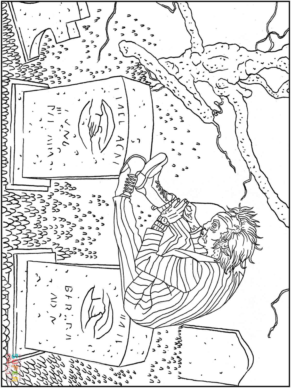 Beetlejuice sits in the cemetery coloring page