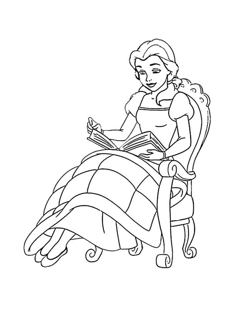 Belle in an armchair reading a book coloring page