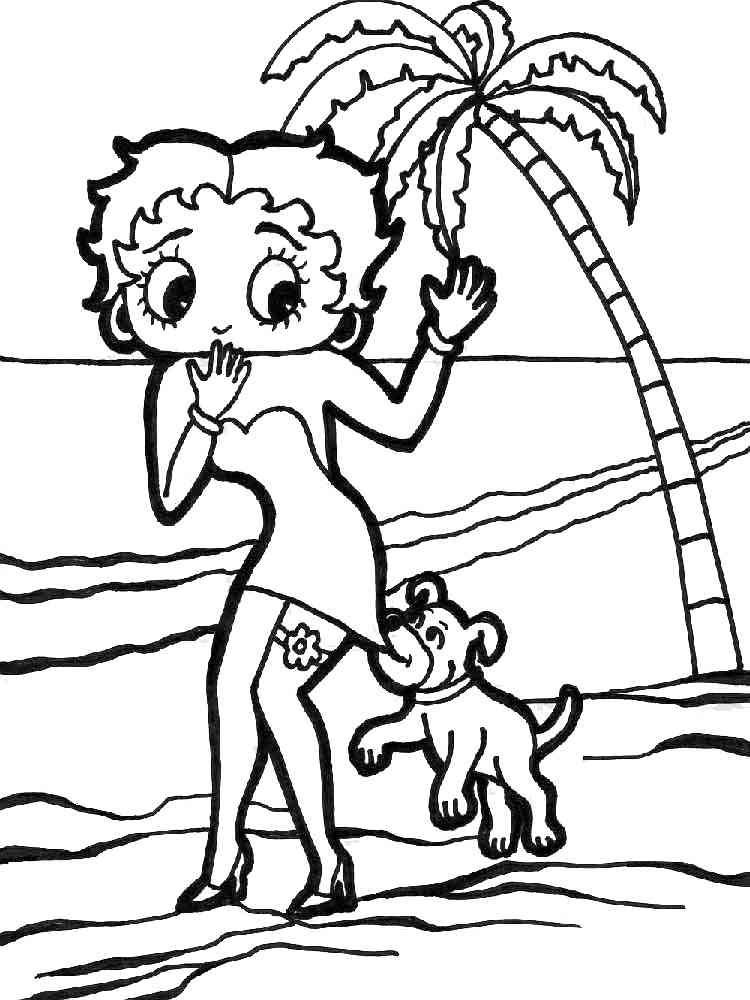 Betty Boop and her dog on the beach coloring page