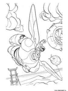 Hiro flies on Baymax coloring page